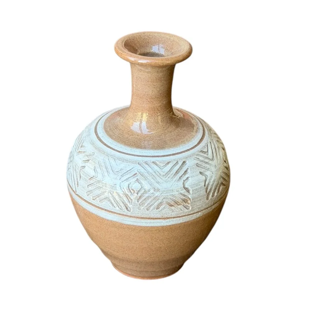 Signed Studio Pottery Bud Vase Hand Thrown Stoneware Tan Blue Geometric Mini